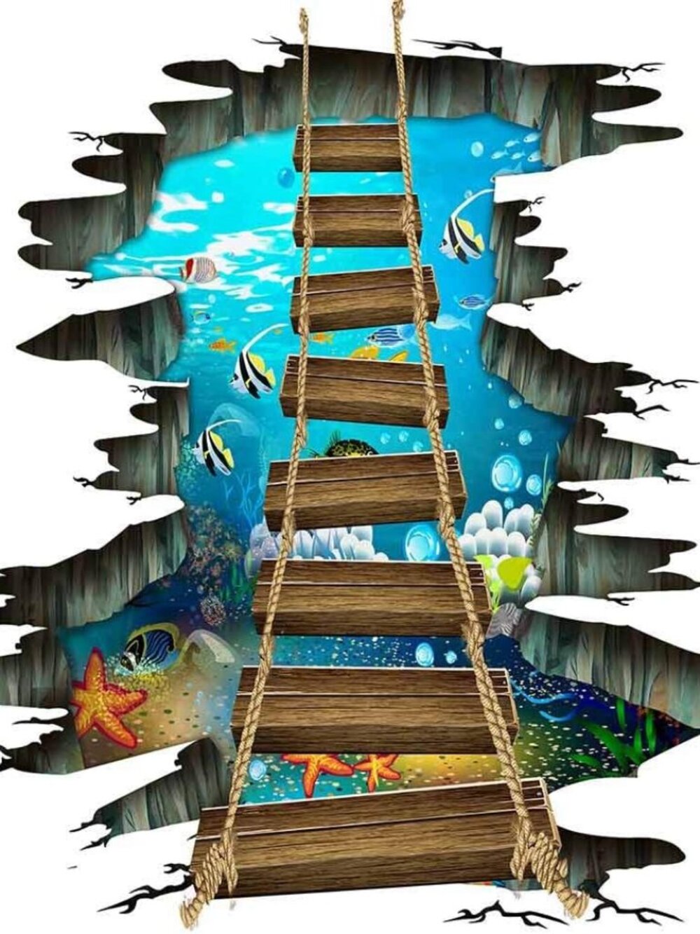 3D Floor Stickers,Sea World Fish Ocean Wooden Bridge PVC Art Wall Decal for Bath